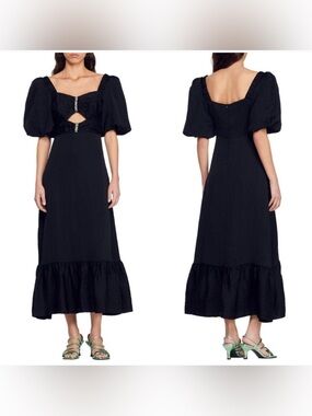 Sandro Black Midi Dress with Puff Sleeves and gem detail